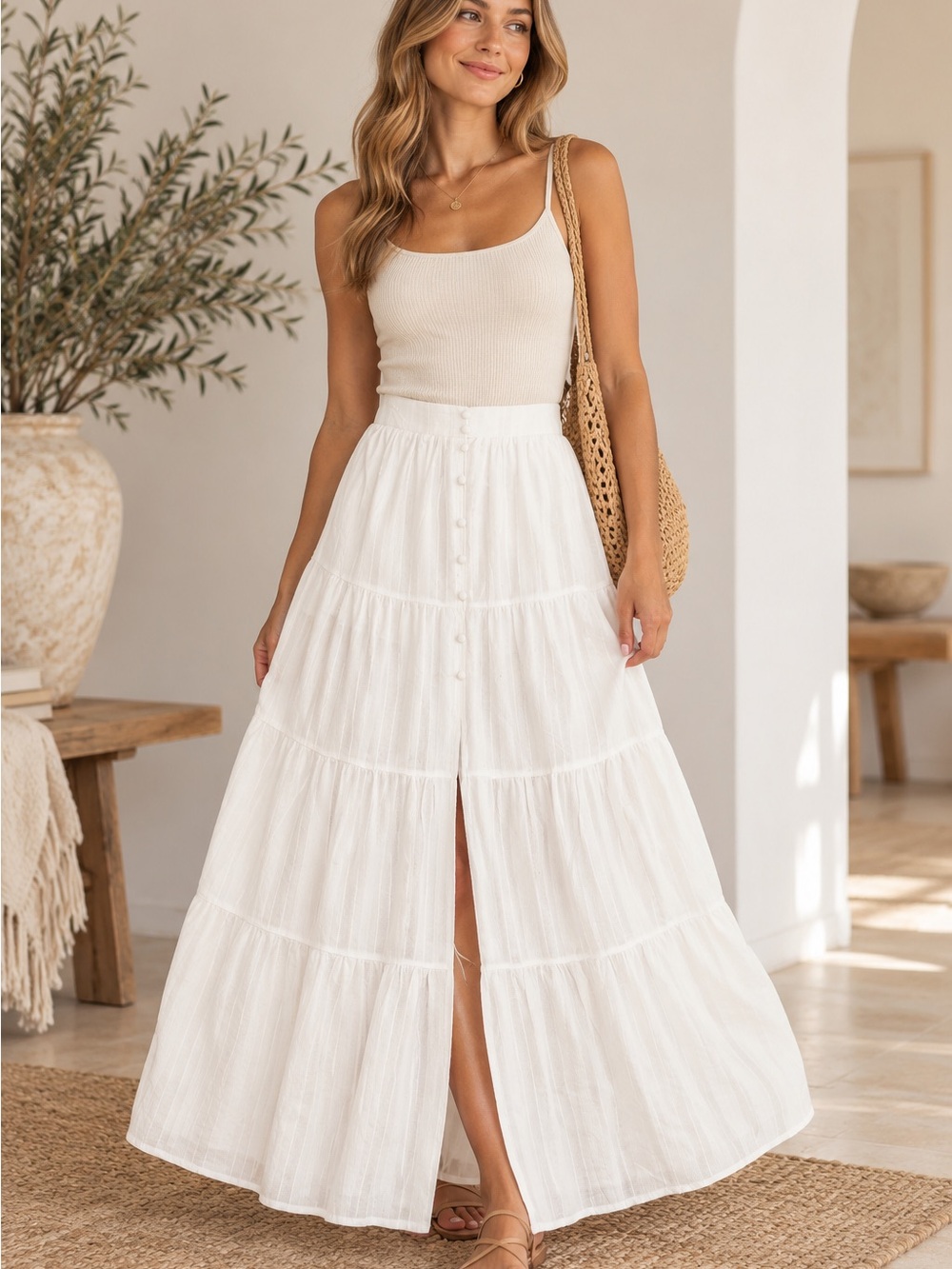 Altar'd State White Tiered Button-Front Maxi Skirt